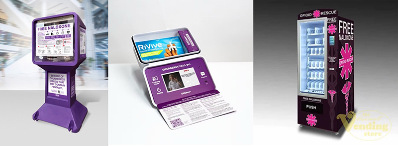Pictured from Left to Right: The Barney Naloxone Stand™ by Illinois Supply Company, the ONEbox® by West Virginia Drug Intervention Institute and a naloxone vending machine by Custom Vending.