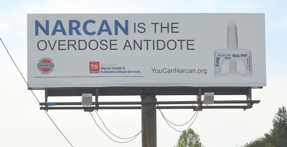 The above billboard was part of a 2019 campaign by TDMHSAS and the Sullivan County Anti-Drug Coalition. It included billboards, a custom website, and other efforts, including distributing free doses of naloxone through ROPS (see Obtaining Naloxone in Tennessee above).