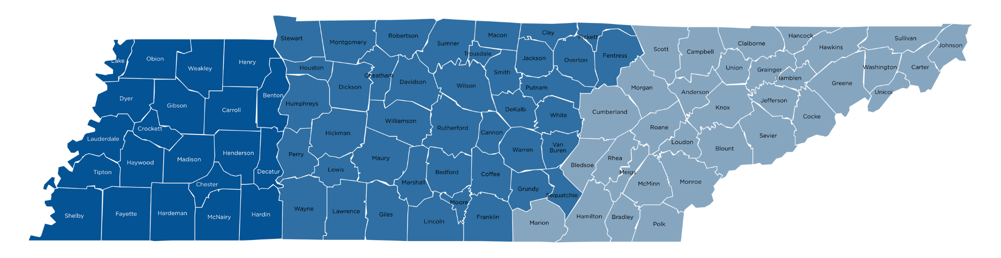 A map of Tennessee showing the grand divisions and territories for SMART substance use response consultants.
