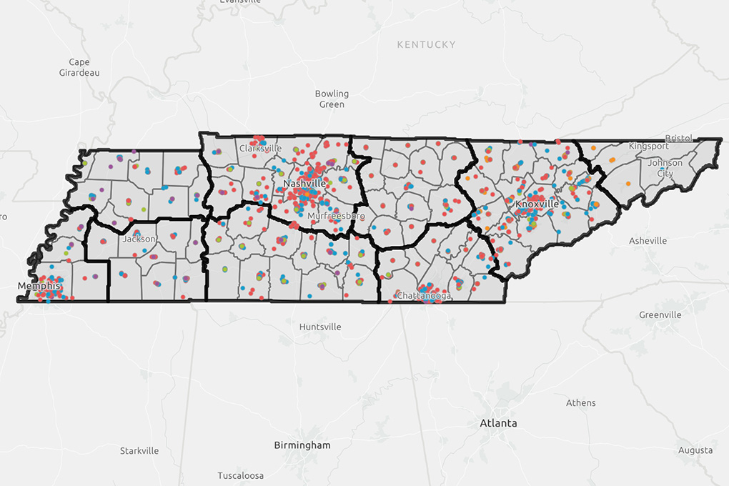 A screenshot of the Tennessee Recovery Ecosystem Explorer, which shows substance misuse recovery assets across Tennessee.