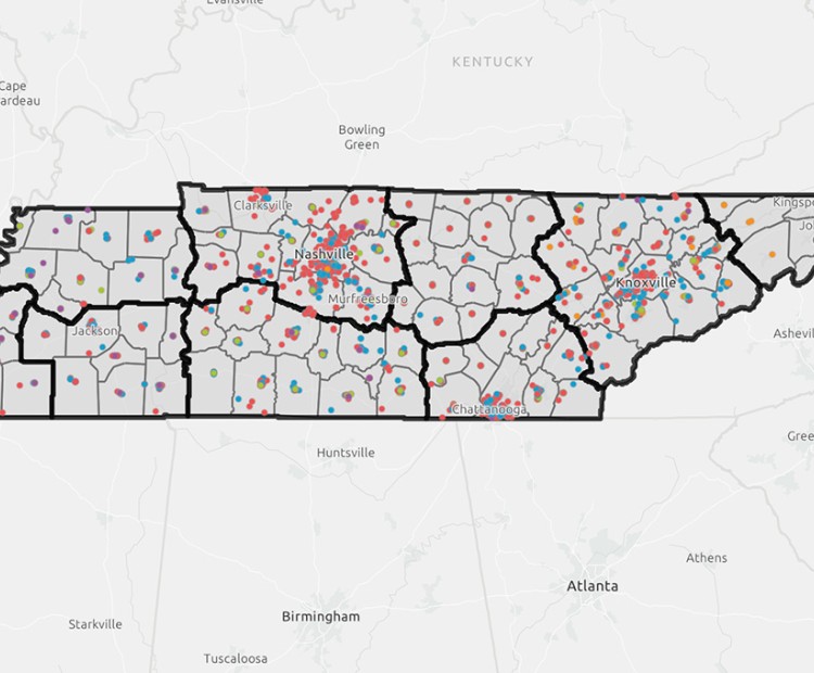 A screenshot of the Tennessee Recovery Ecosystem Explorer, which shows recovery resources located across Tennessee.