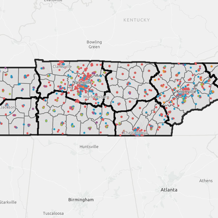 A screenshot of the Tennessee Recovery Ecosystem Explorer, which shows recovery resources located across Tennessee.