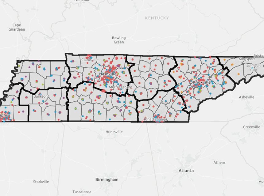 A screenshot of the Tennessee Recovery Ecosystem Explorer, which shows recovery resources located across Tennessee.