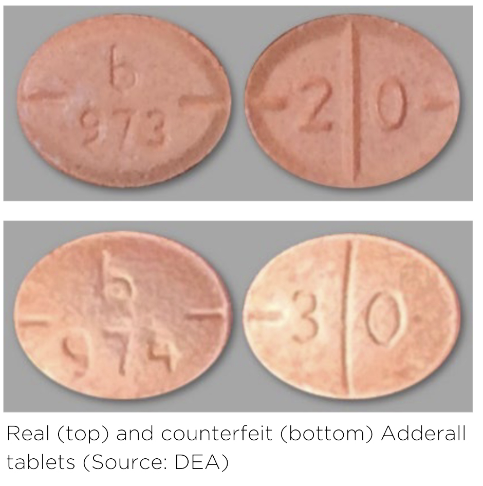 An example of real vs. counterfeit Adderall pills.