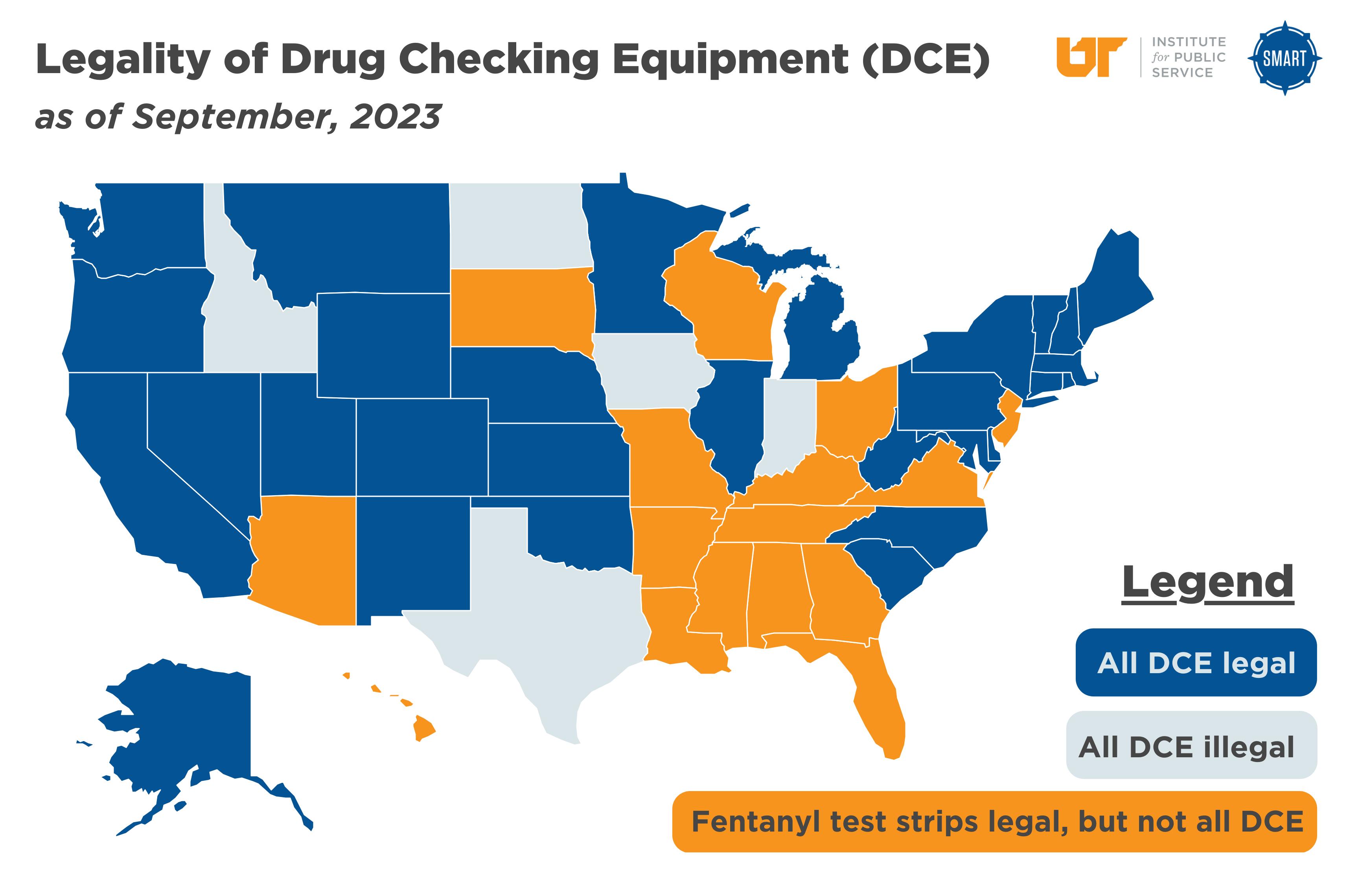 Map showing legality of drug checking equipment (DCE) across the US as of September 2023.