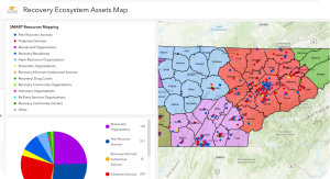 A geographical map of recovery ecosystem assets in East Tennessee, divided by development districts.